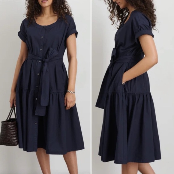 NWT Alex Mill Josie Cotton Poplin Button Dark Navy Blue Belted Dress size medium